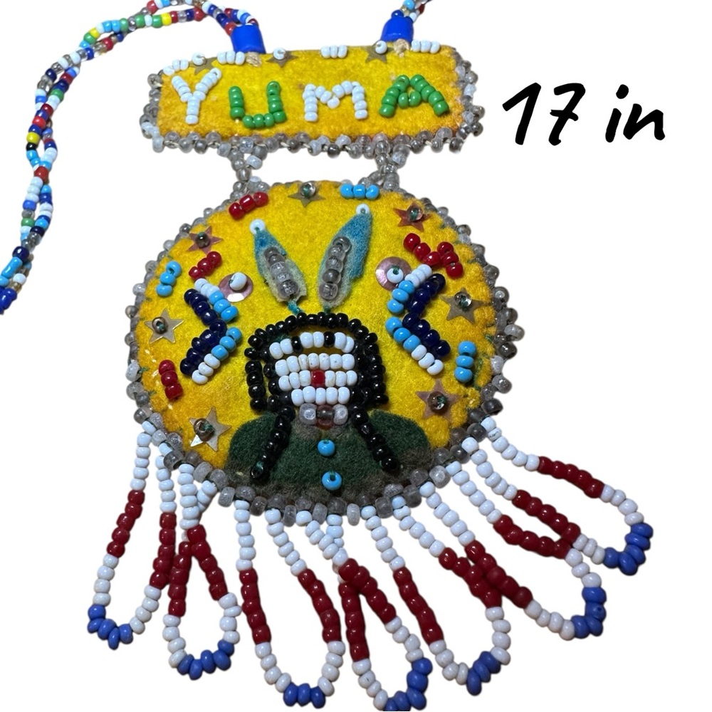 Colorful Handmade Beaded Yuma Medallion Necklace – Felt Back, Fringe Detail